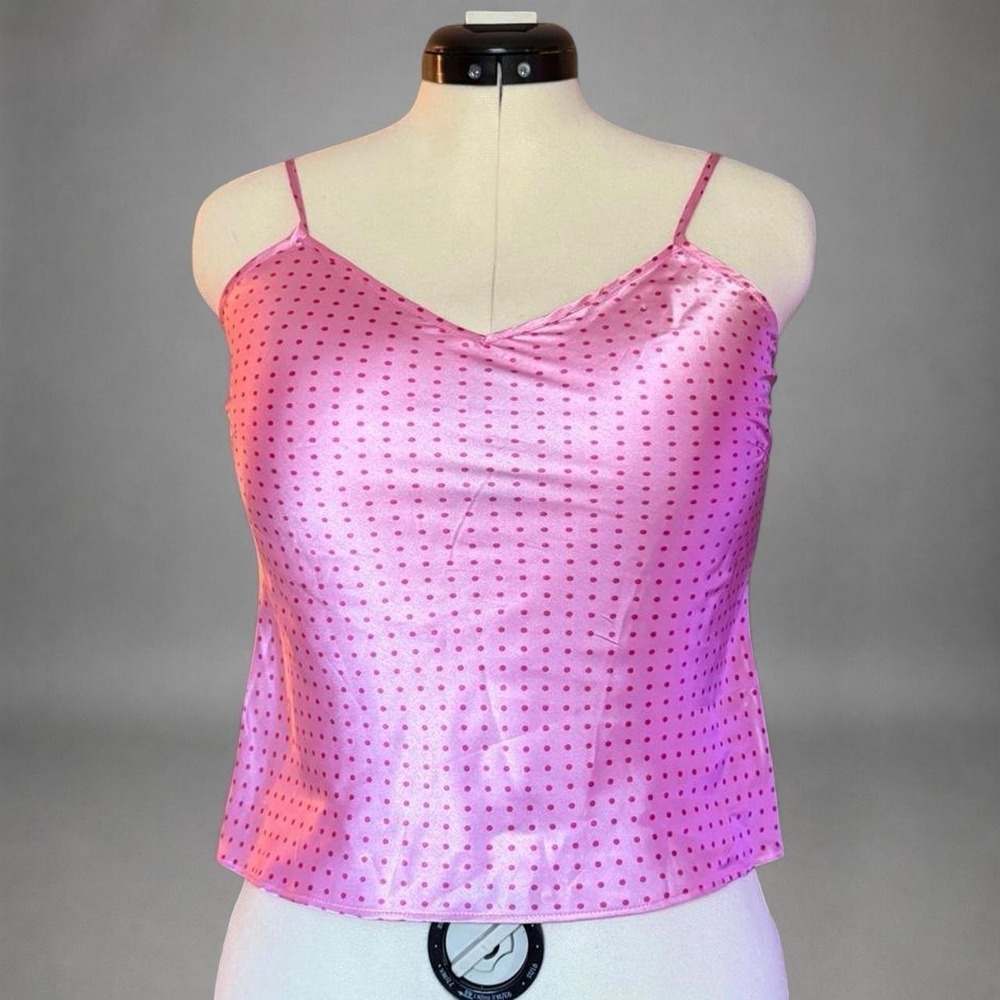 Pink satin polyester cami tank top with small dark pink‎ polka dots